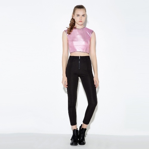 

Metallic Fastening Contrast Trim Roun Neck Sleeveless Crop Top