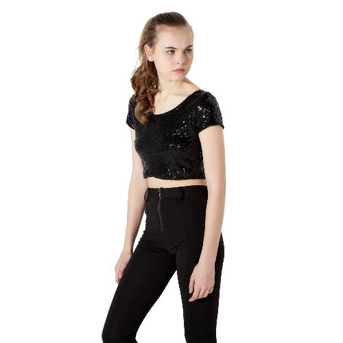 

Sexy Sequined Backless Round Neck Short Sleeve Crop Top