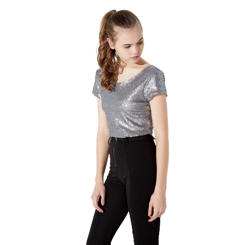 

Sexy Sequined Backless Round Neck Short Sleeve Crop Top