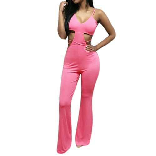 

New Sexy Women Flared Leg Jumpsuit Spaghetti Strap Strappy Open Back Cutout Waist Rompers Rose/Beige