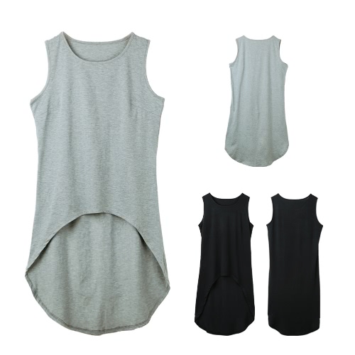 

Women Longline Tank Top Vest Sleeveless Asymmetrical Hem O Neck Cropped T-Shirt Casual Top Black/Grey