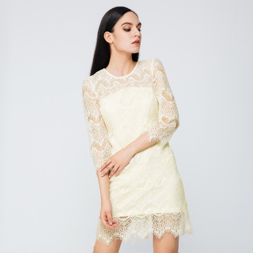 

Elegant Solid O Neck 3/4 Застежка-молния с застежкой-молнией из вышитого платья из мини-кружева