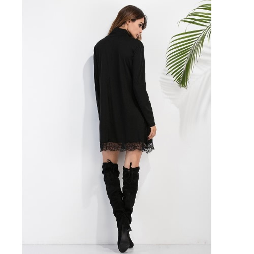 

Fashion Women High Neck Dress Lace Trim Long Sleeves Casual Party Clubwear Mini Dress Black