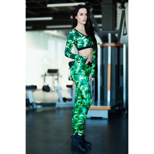 Women Camouflage 2 Pieces Camo Sports Set Cropped Tank Top Long Sleeves Fitness Suit Workout Yoga Sportswear Long Pants