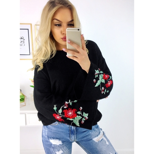 

Women Knitted Sweater Floral Embroidery Pullover Jumper Flare Long Sleeve Casual Loose Tops