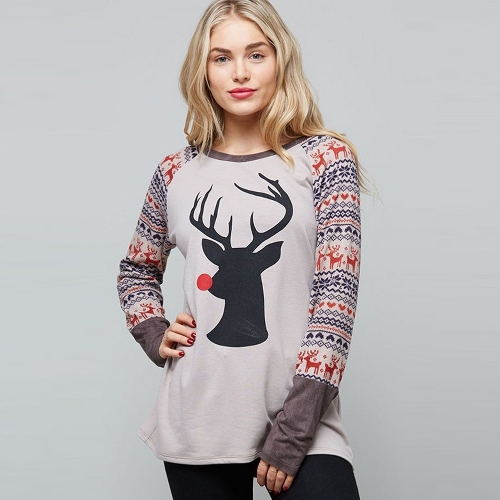 

Autumn Women Christmas Reindeer Print O-Neck Long Sleeve Shirt T-Shirt