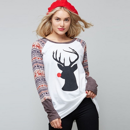 

Autumn Women Christmas Reindeer Print O-Neck Long Sleeve Shirt T-Shirt