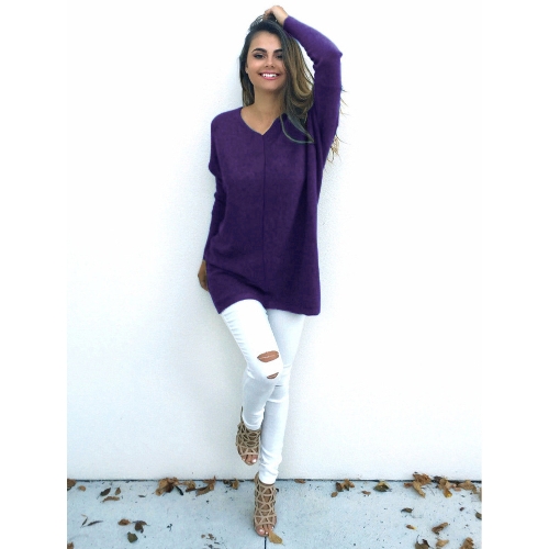 

Women Long Sleeves Solid Top V-Neck Loose Pullover T-Shirt