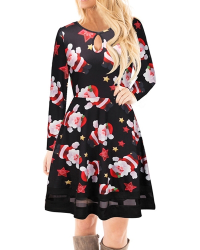 Fashion Women Christmas Santa Claus Printed Long Sleeve Dress