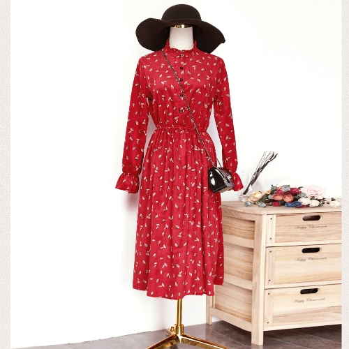 

Women Vintage Print Dress Elastic Waist Stand Collar Long Sleeve Corduroy Dress