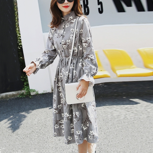 

Women Vintage Print Dress Elastic Waist Stand Collar Long Sleeve Corduroy Dress