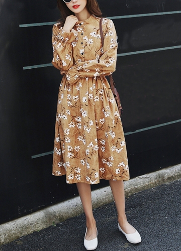 

Women Vintage Print Dress Elastic Waist Stand Collar Long Sleeve Corduroy Dress