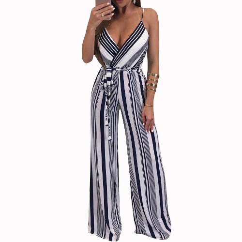 

Sexy Women Slip Jumpsuit Deep V Neck Цветочные полосатые печатные ремешки для спагетти Широкие штаны для ног Slim Playsuit Rompers