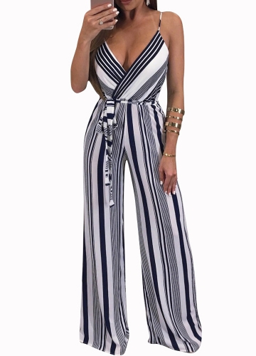 

Sexy Women Slip Jumpsuit Deep V Neck Floral Striped Print Spaghetti Strap Wide Leg Pants Slim Playsuit Rompers