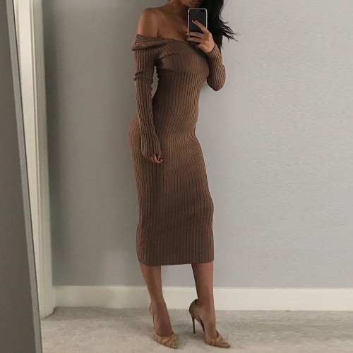 

Sexy Women Deep V Neck Off-the-Shoulder с длинным рукавом с твердым ребрами Slim Midi Bodycon Dress
