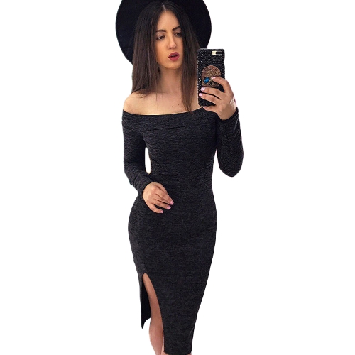

Выкл. Плечо Slit Hem Bodycon Midi Dress