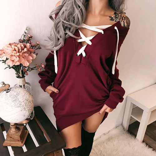 

Сексуальные женщины с плечевой шнуровкой с длинными рукавами Deep V Neck Hoodie
