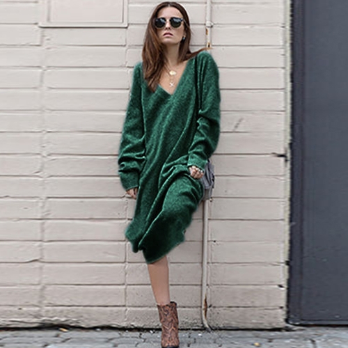

Зимние женщины Maxi Loose Deep V Neck с длинным рукавом Трикотажное платье