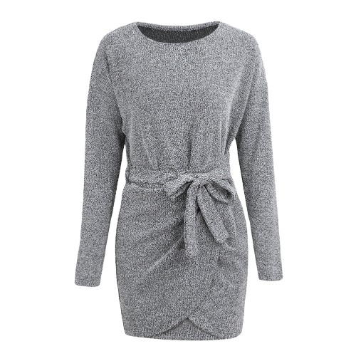 

Winter Women Knit Cross Belted O-Neck Long Sleeve Knitted Mini Sweater Dress