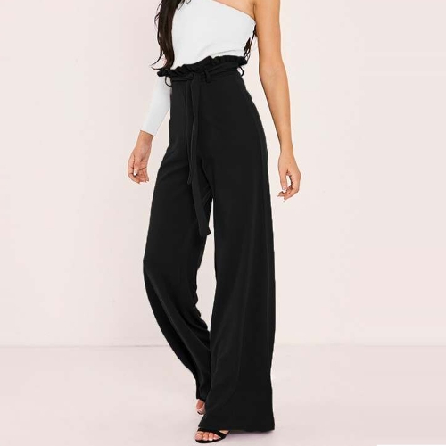 

Women High Waist Pants Belt Ruffle Zip Solid Color Wide Leg Trousers