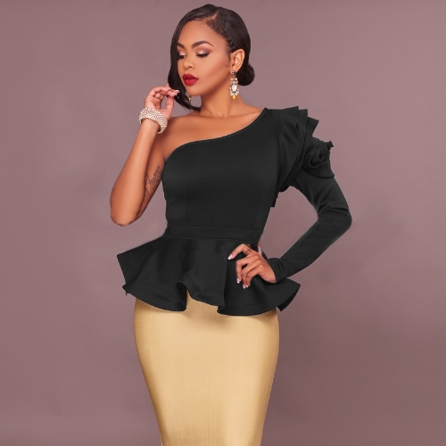 

Women Solid One Shoulder Asymmetric Neckline Long Sleeve Peplum Hem Party Wear