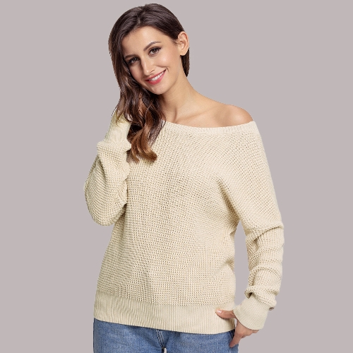 

Women Knitted Loose Sweater Solid V Back Bandage Cross Over Hollow Out Long Sleeve Casual Jumper