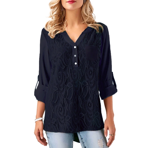 Women Chiffon Lace V Neck Roll-up Long Sleeves Shirt Blouse