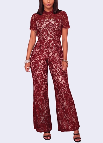 

Sexy Women Lace O Neck Short Sleeve Wide Leg Jumpsuit