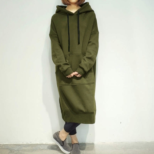 

Women Loose Hooded Dress Solid Long Sleeve Pockets Split Long Sweatshirt