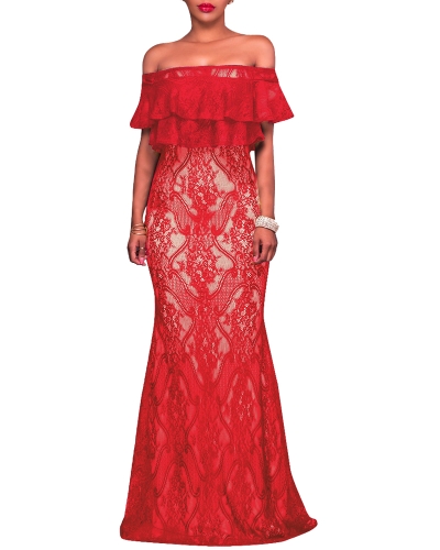

Women Floral Lace Off the Shoulder Ruffle Overlay Maxi Dress