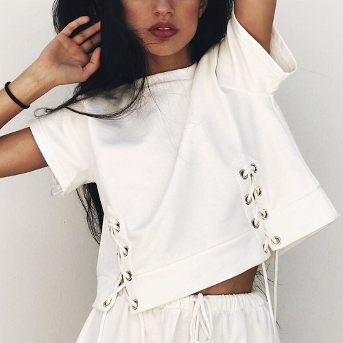 

Fashion Women Loose Short Lace Up Cropped O Neck T-Shirt
