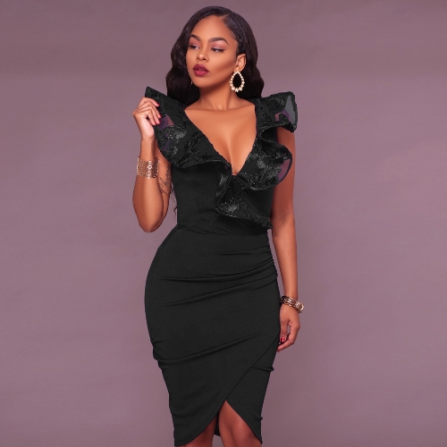 

Sexy Women Bodycon Lace Ruffle Sleeveless Midi Dress
