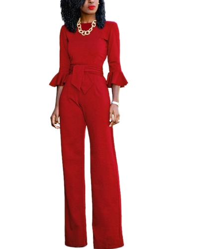 

Sexy Women Jumpsuit O-Neck Flare Half Sleeves Belt Wide Legs Solid Elegant Casual Romper