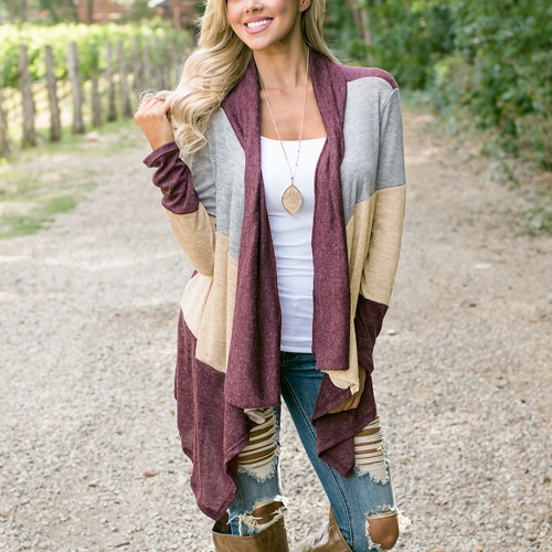 

Women Casual Open Front Splicing Color Drape Collar Bertha Loose Long Cardigan Coat