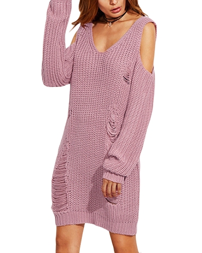 

Женщины Loose Cold Shoulder Разрушенные отверстия V-образным вырезом с длинным рукавом Теплый трикотаж