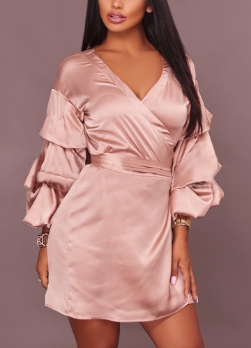 

Женщины Сексуальный крест V-образным вырезом с рукавом Belted Silk Shiny Party Mini Dress