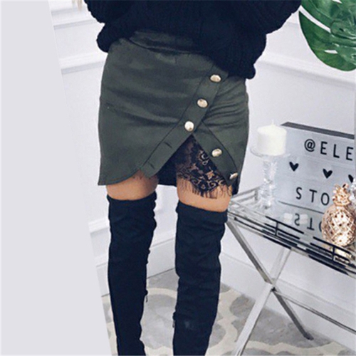 

Fashion Women Faux Suede High Waist Lace Splice Button Preppy Bodycon Mini Skirt