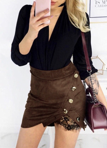 

Мода Женщины Faux Замша Высокая талия Кружева Сцепление Кнопка Preppy Bodycon Мини-юбка