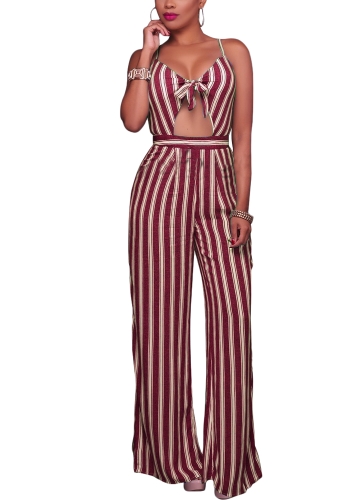 

Women Spaghetti Strap Striped Lace Up Jumpsuit Romper