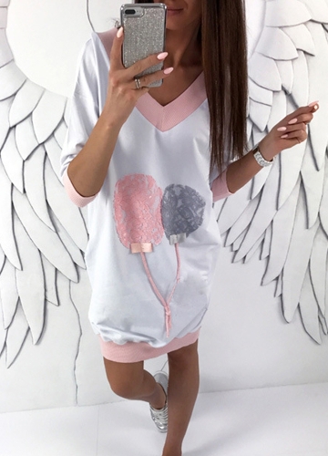 

Fashion Women V Neck Long Top Lace Splice Casual Loose Mini Dress