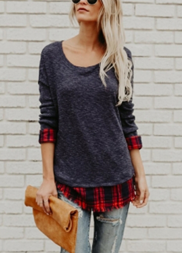 

Women Plaid Shirt Raw Hem Pullover Casual Blouse Top O-Neck T-Shirt