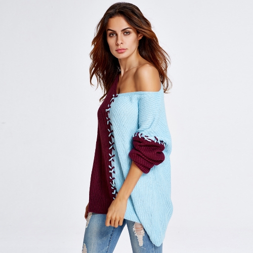

Женщины V-образным вырезом Pullover Jumper Contrast с длинным рукавом Свободный повседневный трикотажный свитер