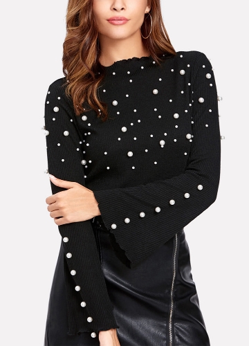 

Fashion Women Peal Beading Embellished Ribbed O Neck Flared Sleeve Slim Knit