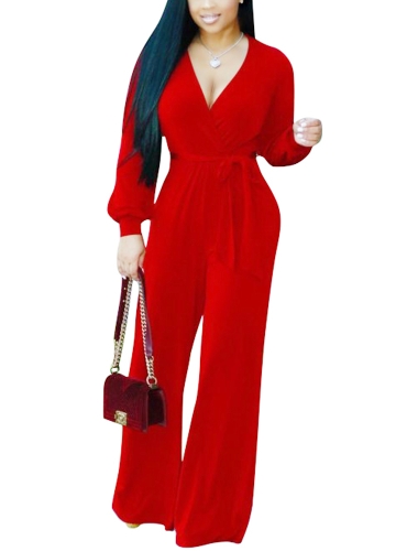 

Sexy Women Deep V-Neck Long Sleeves Belt Wide Legs Solid Elegant Jumpsuit