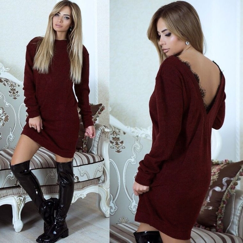 

Женщины вскользь V Backless Платье ресницы кружева Splice с длинным рукавом O шеи мини платье