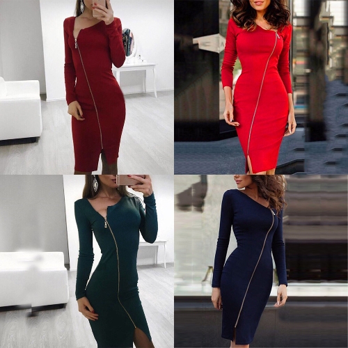 

Сексуальное платье для тела Bodycon Платье с длинным рукавом с длинным рукавом с застежкой-молнией