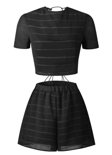 

Women Two Piece Set Crop Top Shorts Lace Up Bandage Cross Over Crochet Lace Elastic Waist Sexy Suit
