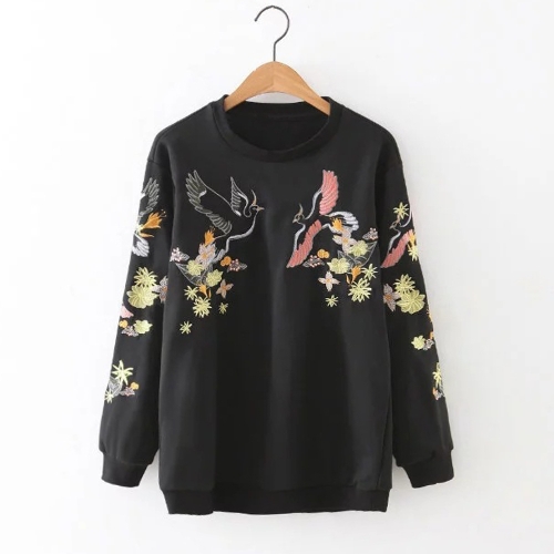 

Women Sweatshirt Floral Bird Embroidery Long Sleeves O-Neck Casual Elegant Pullover Top