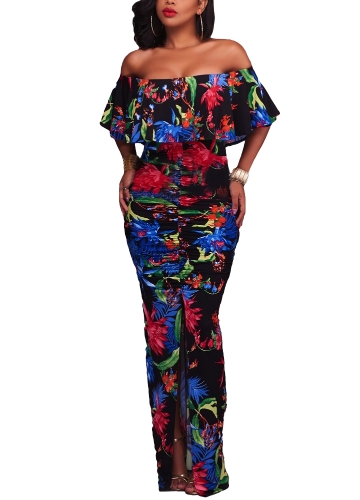 

Женщины платье Контраст Цветочные листья Печать с плеча Ruffle Ruching High Split Maxi Long платье