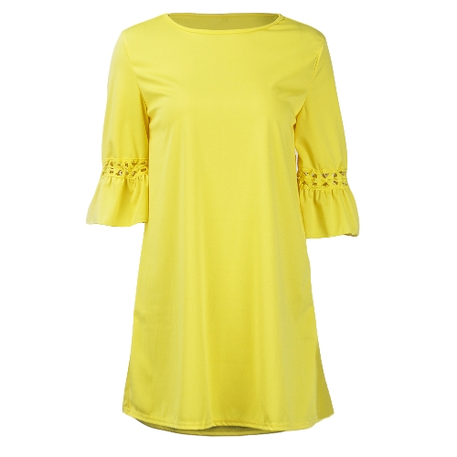 

Модные женские мини-платья O Шея 3/4 Flare Sleeve Hollow Out Solid Color Casual Party Dress